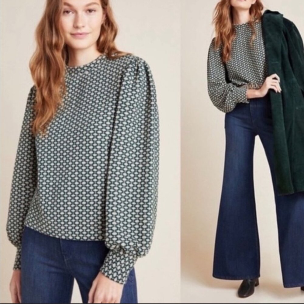 Anthropologie MAEVE XS Top Sweater Forest Green Grey Geo Puff Balloon Sleeve